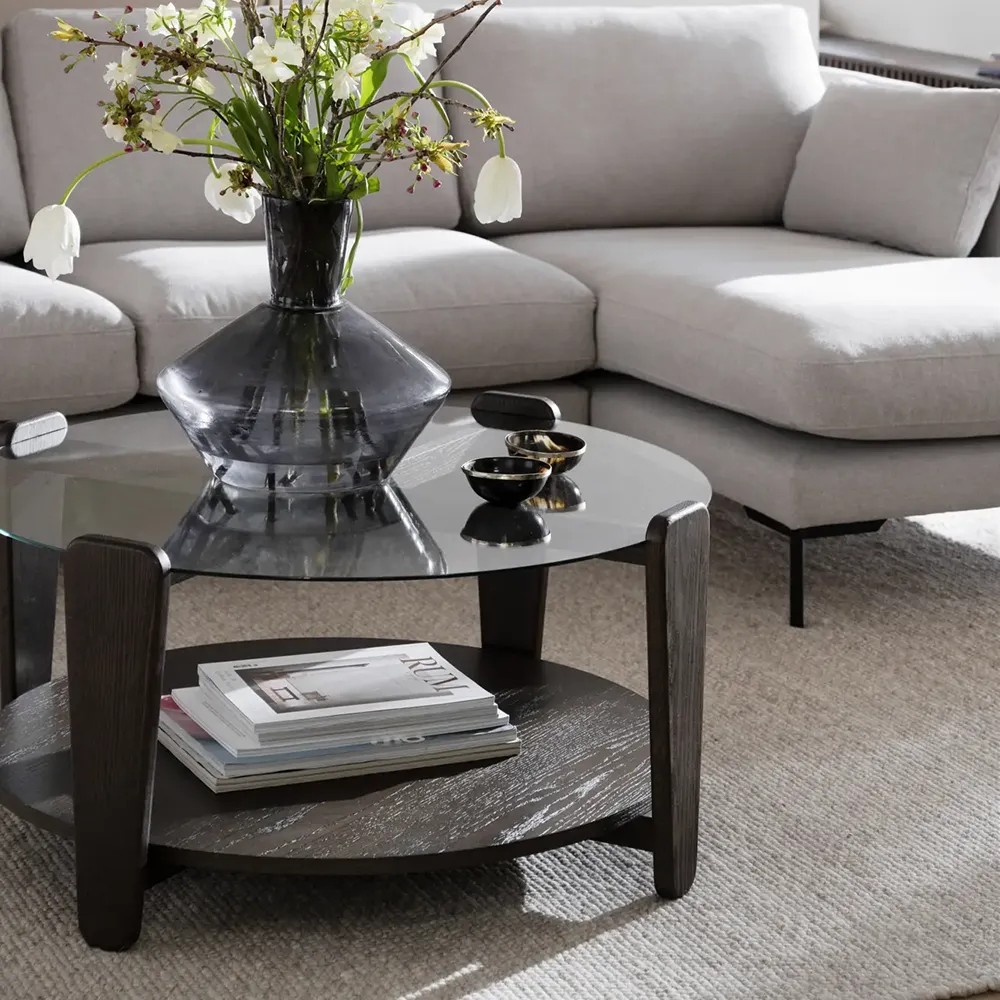 Arran sofabord Ø93 brun eg/glas