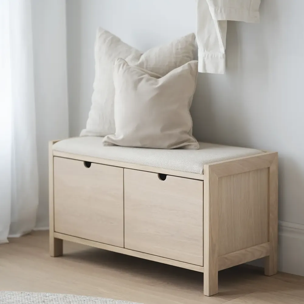 Hillmond opbevaringsbænk 80 cm hvidpigmenteret eg/beige stof