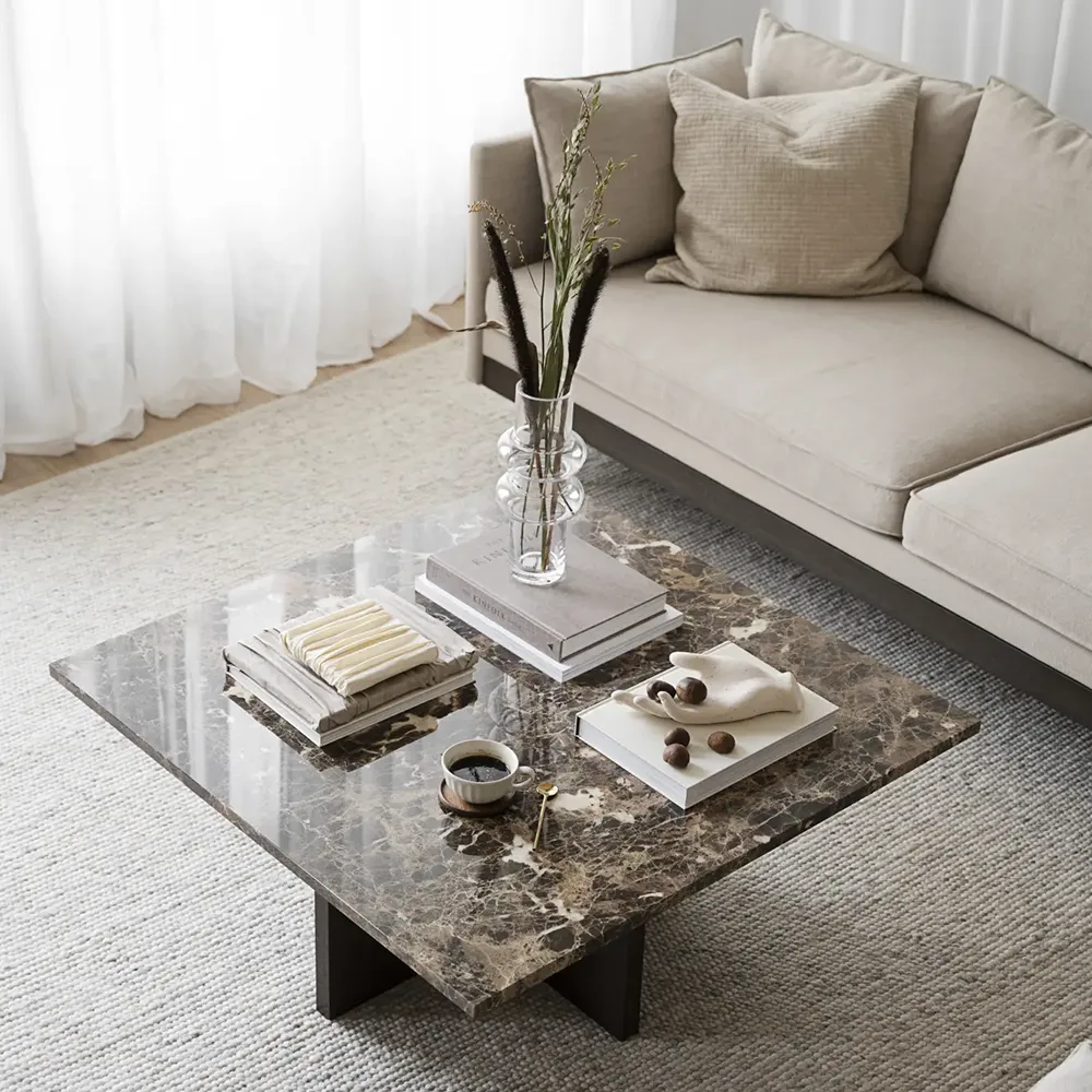 Brooksville sofabord 90x90 cm brun marmor/eg