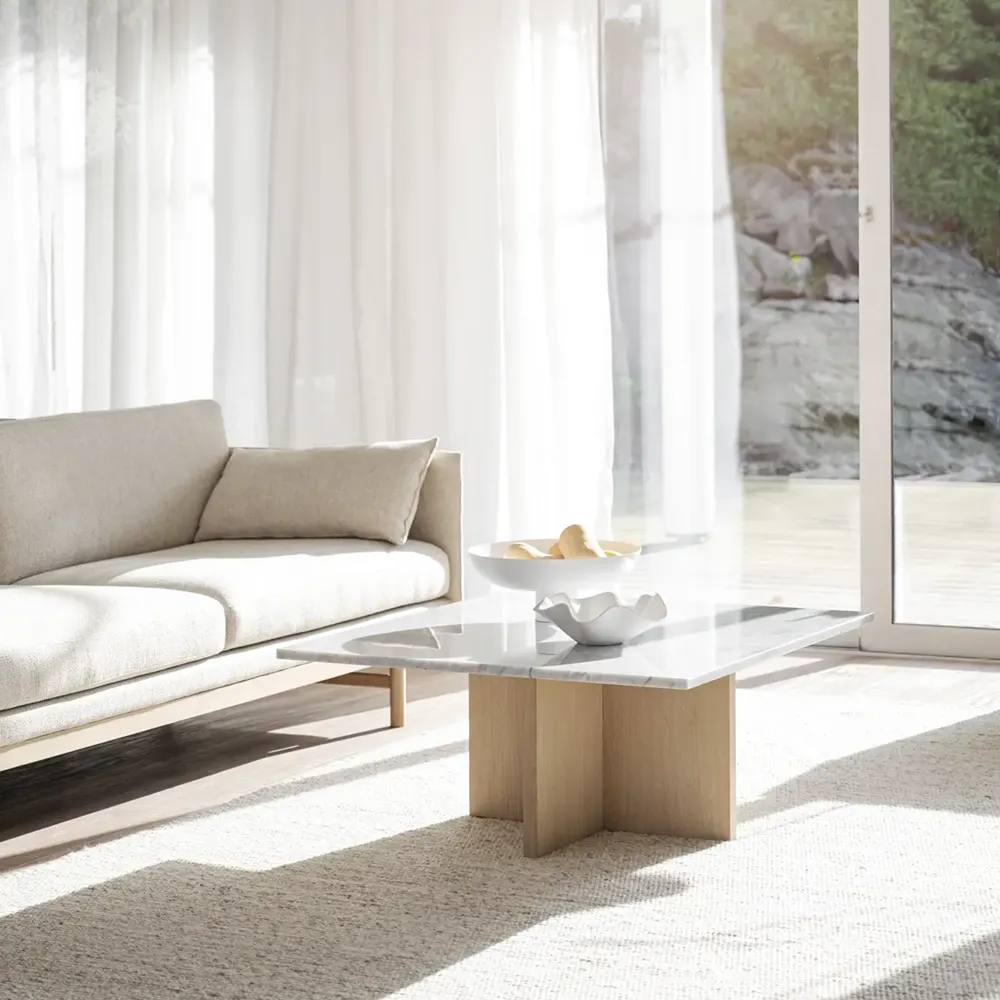 Brooksville sofabord 90x90 cm hvid marmor/hvid pigmenteret eg