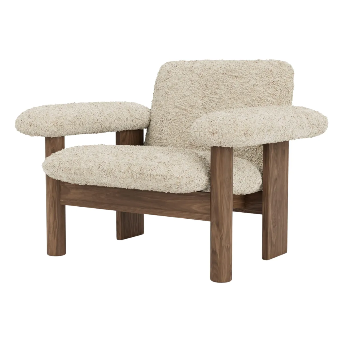 Brasilia loungestol helbetrukket lav ryg firbenet stel massiv valnød Sheepskin Nevotex Nature