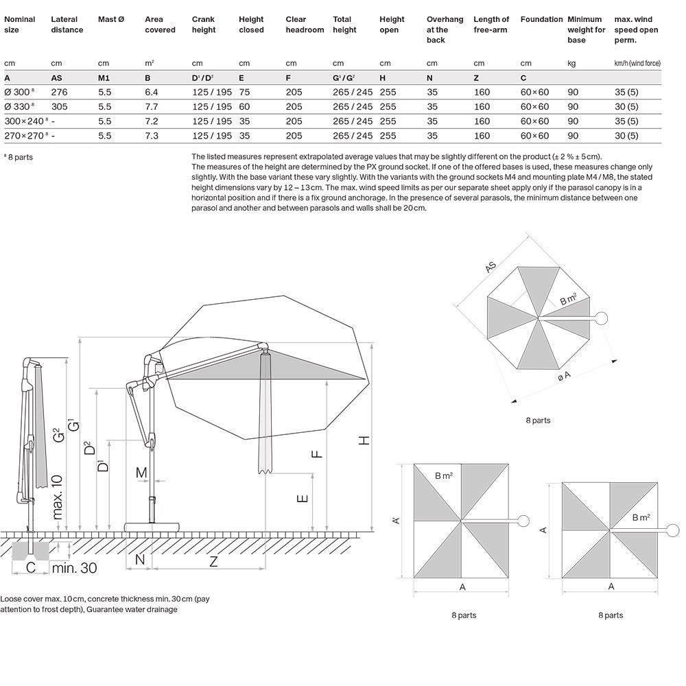 Sunwing Casa Frithængende Parasol 300 cm Kat.5 Antracit Alu/514 Corn Glatz