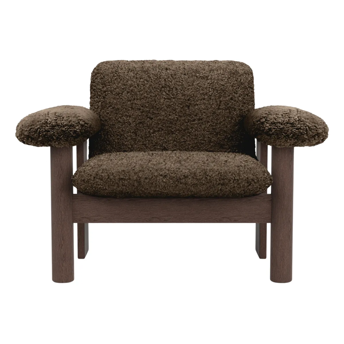 Brasilia loungestol lav ryg, mørkbejdset massiv eg, Sheepskin Nevotex Root