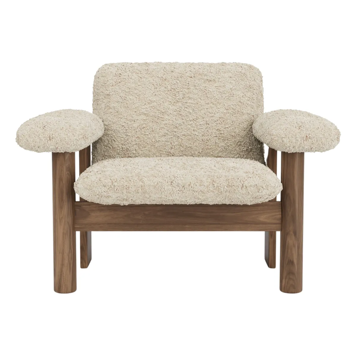 Brasilia loungestol helbetrukket lav ryg firbenet stel massiv valnød Sheepskin Nevotex Nature